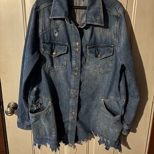 Free People Blue Distressed Jean Jacket